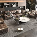 Modern Living Room Brown Leather Sofa Coffee Table Set Armchair And Bookshelf