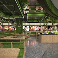 Modern Food Service Kitchen with Green Accents Multiple Counters and Food Display Areas