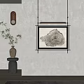 Tree Ring Artwork in Black Frame Hanging on Beige Wall with Bamboo Vase 3d model