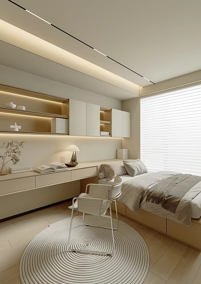 Modern Tatami Bedroom Interior Design With Desk Chair Bookshelves And Window Blinds 3d model