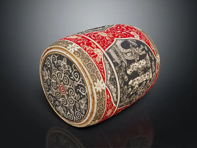 Traditional Cylindrical Stool With Red Black Intricate Patterns And Ornate Decorative Designs 3d model