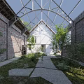 Serene Courtyard Garden With Red Brick Walls Glass Roof White Building And Stone Path