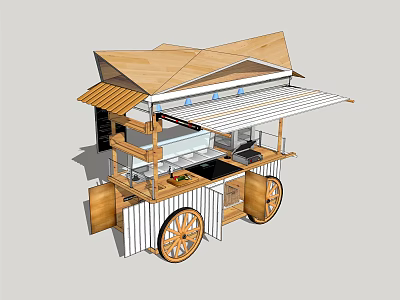 Functional Food Cart With Wooden Roof And Foldable Awning 3d model