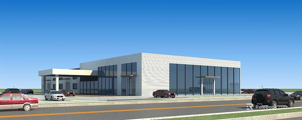 Modern 4S Car Dealership Building With Large Glass Windows And Parking Area 3d model 