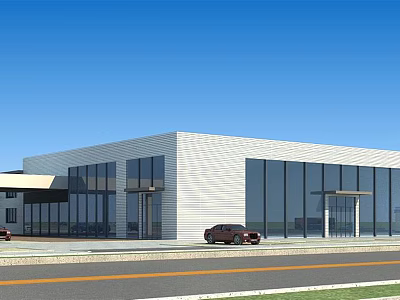 Modern 4S Car Dealership Building With Large Glass Windows And Parking Area 3d model