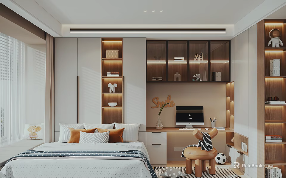 Modern Tatami Bedroom Interior Design With Built-in Shelves Desk And Cozy Bed 3d model 