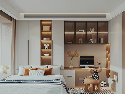Modern Tatami Bedroom Interior Design With Built-in Shelves Desk And Cozy Bed 3d model