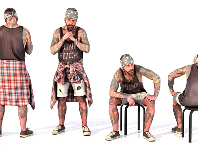 Tattooed Man With Bandana in Casual Outfit Standing and Sitting on Chair Poses 3d model