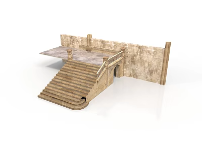 Ancient Stone Staircase Structure With Platform And Decorative Wall Design Elements 3d model