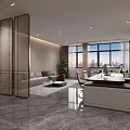 Modern Office Reception Area With Bright Lighting Marble Countertop Green Plants And City View