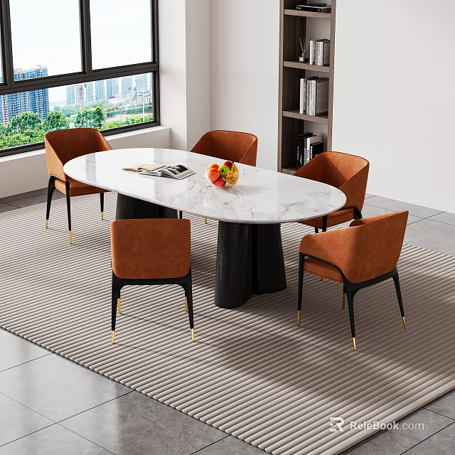 Elegant Modern Dining Table Set With Oval Marble Top And Orange Upholstered Chairs 3d model