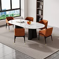 Elegant Modern Dining Table Set With Oval Marble Top And Orange Upholstered Chairs 3d model