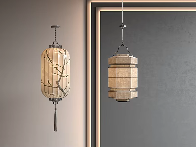 Traditional Chinese Lanterns With Paper Shades And Decorative Branch Designs Hanging 3d model