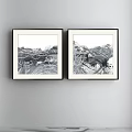 Two Abstract Paintings With Black White Ink Brush Strokes Framed on Light Wall 3d model