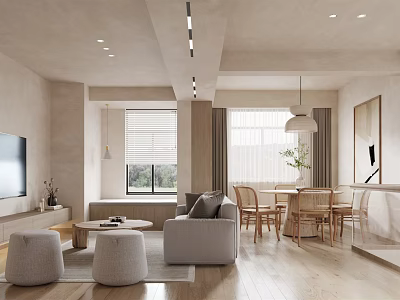 Modern Living And Dining Room Interior With Sofa Coffee Table Dining Table And Pendant Light 3d model