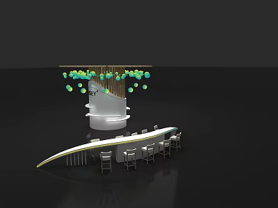 Commercial Bar Equipment Setup With Curved Counter High Stools And Hanging Decor 3d model