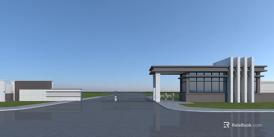 Modern Entrance Gate Design With Canopy Columns Open Plaza And Glass Curtain Wall 3d model 