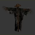 Scarecrow Figure With Brown Hat Tattered Clothes And Twig Arm Structure