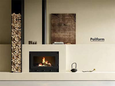 Modern Interior Burning Fireplace With Stacked Firewood And Decorative Painting Poliform 3d model