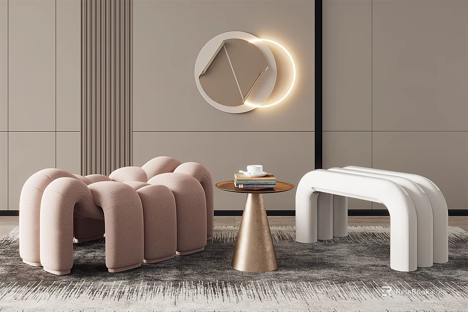 Modern Interior Featuring Curved Pink and White Stools Round Mirror with Light and Small Table 3d model 