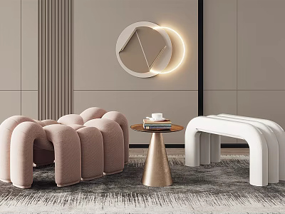 Modern Interior Featuring Curved Pink and White Stools Round Mirror with Light and Small Table 3d model