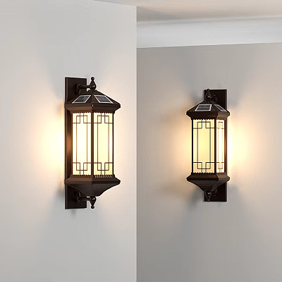Chinese Style Wall Sconces With Black Frame White Glass Red Geometric Patterns Illuminated 3d model