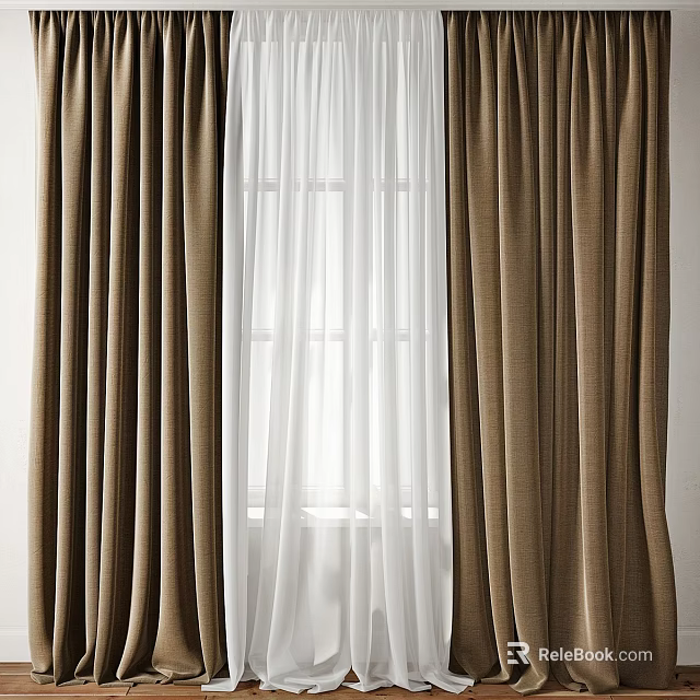 Brown Light Blocking Curtains With White Sheer Panel For Window Decoration 3d model