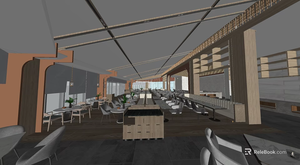 Modern Restaurant Interior With Wooden Ceiling Beams Tables Chairs And Plants 3d model 