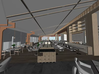 Modern Restaurant Interior With Wooden Ceiling Beams Tables Chairs And Plants 3d model