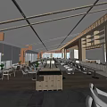 Modern Restaurant Interior With Wooden Ceiling Beams Tables Chairs And Plants