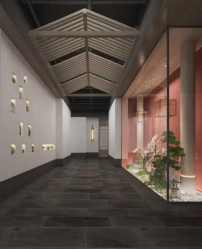 Traditional Chinese Style Elevator Hallway With Wooden Grid Ceiling Decorative Lanterns Stone Floor Green Plants 3d model