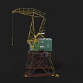 Industrial Crane With Yellow Boom Green Control Cabin And Brown Base Structure