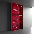 Red Contemporary Display Shelf Featuring Geometric White Lines For Indoor Retail Use