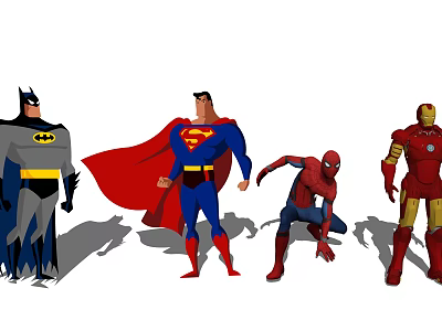 Batman Superman Spiderman and Iron Man Cartoon Superhero Characters in Action Poses 3d model