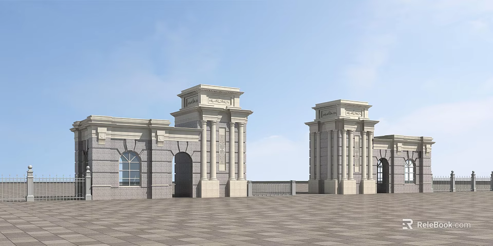 Grand European Entrance Gate Design With Symmetrical Stone Columns And Arched Doorways 3d model 