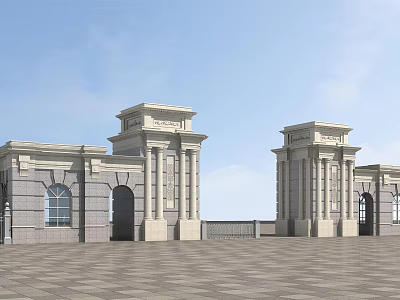 Grand European Entrance Gate Design With Symmetrical Stone Columns And Arched Doorways 3d model