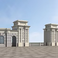 Grand European Entrance Gate Design With Symmetrical Stone Columns And Arched Doorways