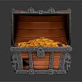 Open Treasure Chest Filled With Gold Coins Wooden Body And Metal Accents Design