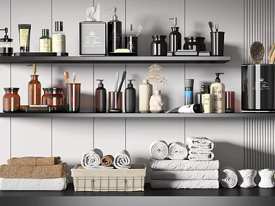 Bathroom Accessories Collection With Toiletries Towels And Storage Baskets On Shelves 3d model