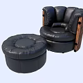 Modern Black Leather Single Sofa With Round Ottoman And Wooden Arms