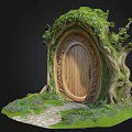 Cartoon Scene Of Enchanted Wooden Tree House Door With Vines Stone Pathway And Lush Greenery