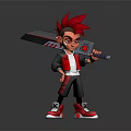 Cartoon Character With Red Spiky Hair Holding Weapon Wearing Stylish Outfit And Red Sneakers