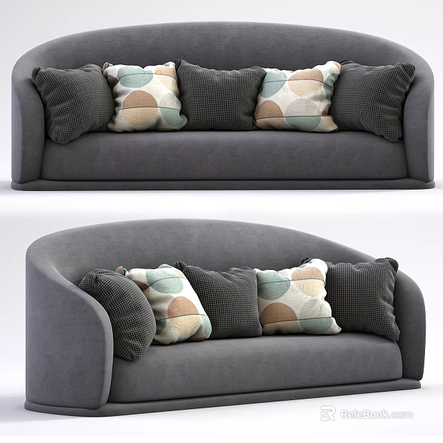 Modern Gray Sectional Sofa With Colorful Circular Pattern And Checkered Pillows 3d model