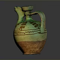 Hand Carved Ancient Pottery Jug With Green Yellow Glaze Floral Patterns Bird Head Spout Handle Design