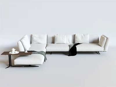 White Modern L shaped Sectional Sofa With Plush Cushions Side Table And Ottoman 3d model