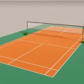 Indoor Badminton Court With Orange Surface Green Surroundings Net Rackets And Shuttlecocks
