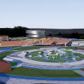 Park Landscape Layout with Circular Paths Round Building and Water Features 3d model