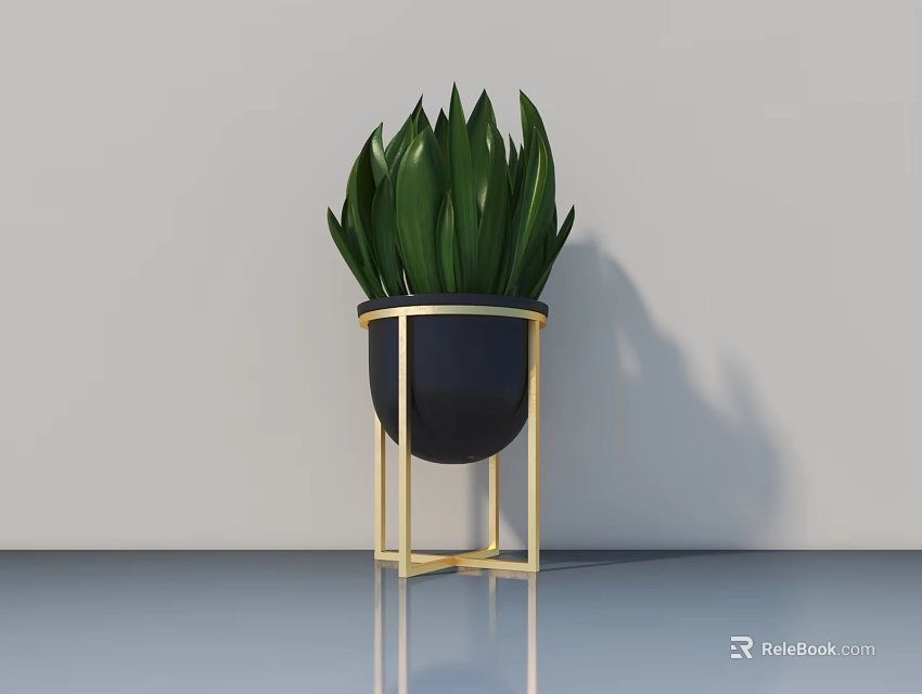 Potted Plant with Green Leaves in Black Pot Gold Stand and Light Wall Smooth Floor 3d model 