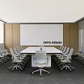Modern Conference Room With Long Meeting Table White Office Chairs And Pendant Lights