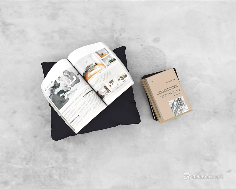 Open Magazine With Interior Design Photos On Black Pillow And Stack Of Books 3d model 